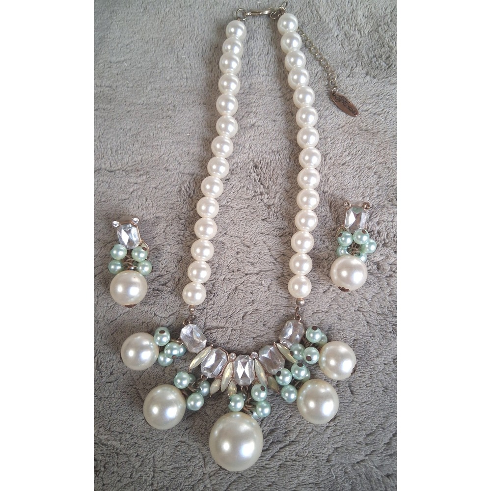 Plunder Design April 2018 Posse Statement Pearl Rhinestone Bib Necklace Earrings